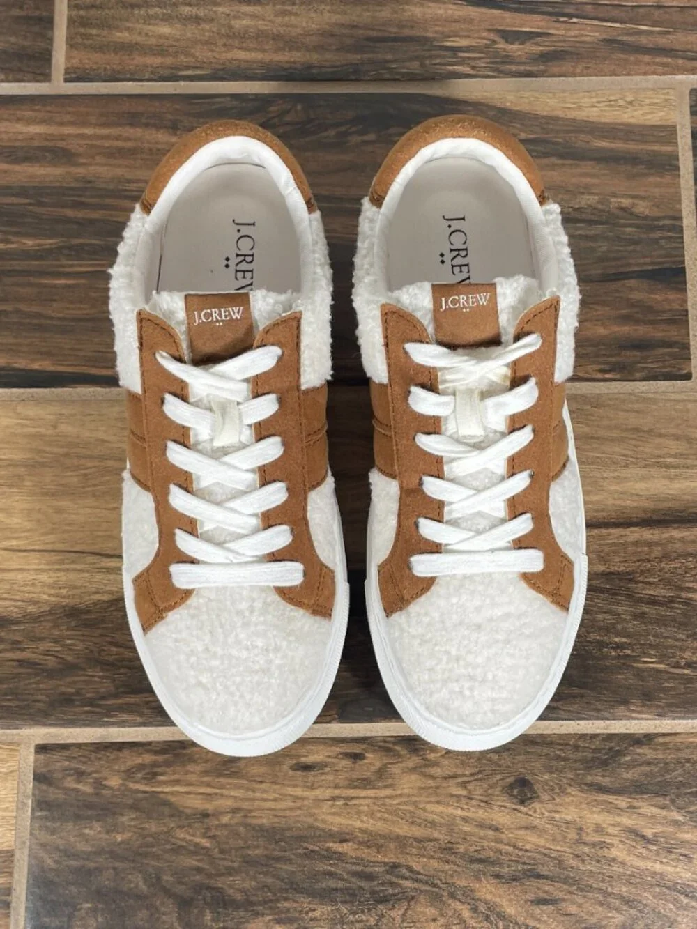 J. Crew Factory Striped Sherpa Road Trip Shoes Womens 7.5 White Brown Sneakers